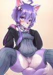 5_fingers anthro black_hoodie blush bottomless breasts canid canine canis clothed clothing domestic_dog featureless_crotch fur hair kemono long_hair mammal purple_eyes purple_fur purple_hair shiitakemeshi simple_background solo spread_legs spreading sweat 