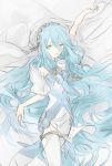  aqua_(fire_emblem_if) aqua_hair arm_up commentary_request dress fire_emblem fire_emblem_heroes fire_emblem_if highres jewelry long_hair parted_lips pendant sidelocks solo veil very_long_hair white_dress white_legwear yellow_eyes younger ziro 