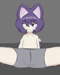  2019 animal_humanoid bulge canid canine clothed clothing girly hair hi_res hsp humanoid light_skin looking_at_viewer male mammal nipples presenting purple_hair simple_background solo topless 
