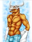  bulge clothing collaboration digimon digimon_(species) digimorph greymon male muscular otter_grafitsnake pants scar sharp_teeth shirt solo tanutanuki teeth undressing 