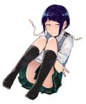  1girl absurdres arm_around_leg ass bangs black_legwear black_skirt blue_eyes blue_hair boku_no_hero_academia commentary_request full_body highres jirou_kyouka kneehighs kobaji looking_at_viewer panties pleated_skirt school_uniform shirt short_hair simple_background skirt smile sweater_vest underwear v white_background white_shirt yellow_panties 