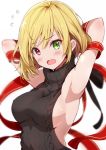  1girl :o armpits arms_behind_head arms_up backless_outfit bare_shoulders black_ribbon black_sweater blonde_hair blurry blush breasts charlotte_(shironeko_project) commentary_request depth_of_field embarrassed fang flying_sweatdrops frown fuku_kitsune_(fuku_fox) green_eyes heterochromia highres large_breasts looking_at_viewer meme_attire open_mouth red_eyes red_ribbon ribbon shironeko_project short_hair sideboob sidelocks sleeveless sleeveless_turtleneck solo standing sweat sweater turtleneck turtleneck_sweater upper_body virgin_killer_sweater white_background 
