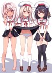  3girls absurdres bangs barefoot beret black_hair black_legwear black_panties black_skirt blush brown_eyes brown_footwear chloe_von_einzbern closed_mouth collarbone collared_shirt dark_skin eyebrows_visible_through_hair fate/kaleid_liner_prisma_illya fate_(series) feet full_body groin hair_between_eyes hair_ornament hairclip hat highres homurahara_academy_uniform illyasviel_von_einzbern kneehighs legs lifted_by_self light_brown_hair loafers long_hair looking_at_viewer miyu_edelfelt multiple_girls natsu_(sinker8c) navel neck_ribbon one_side_up open_mouth orange_eyes panties pigeon-toed pink_hair pleated_skirt puffy_short_sleeves puffy_sleeves red_eyes red_ribbon ribbon school_uniform shadow shirt shoes short_sleeves simple_background skirt skirt_lift smile standing swept_bangs tan thigh_gap thighhighs thighs underwear white_background white_hat white_legwear white_panties white_shirt 