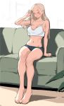  1girl bangs bare_legs bare_shoulders barefoot blonde_hair breasts cleavage closed_eyes couch halter_top halterneck highres jeff_macanoli long_hair medium_breasts navel original parted_bangs parted_lips short_shorts shorts sitting white_background 