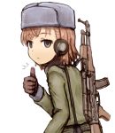 /\/\/\ 1girl alternate_costume bangs black_gloves brown_hair commentary_request empty_eyes expressionless eyebrows_visible_through_hair gloves grey_eyes grey_hat grey_jacket gun hand_up hat headset jacket long_sleeves looking_at_viewer misaka_imouto rifle shirosato short_hair simple_background solo swept_bangs thumbs_up to_aru_majutsu_no_index upper_body weapon weapon_on_back white_background 
