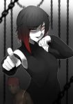  1girl absurdres arm_up black_hair breasts chains evil_grin evil_smile eyebrows_visible_through_hair eyes_visible_through_hair gesugao glowing glowing_eyes gradient_hair grey_background greyscale grin highres medium_breasts monochrome multicolored_hair nas_(z666ful) red_hair ruby_rose rwby short_hair silver_eyes smile sweater tagme two-tone_hair yandere 