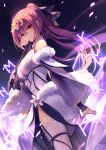  1girl aura bangs bare_shoulders bison_cangshu blush breasts cleavage dress eyebrows_visible_through_hair fate/grand_order fate_(series) finger_gloves fur-trimmed_dress fur-trimmed_sleeves fur_trim grin hair_between_eyes highres holding jewelry large_breasts long_hair long_sleeves looking_at_viewer purple_dress purple_hair red_eyes scathach_(fate)_(all) scathach_skadi_(fate/grand_order) smile solo thigh_strap thighhighs tiara wand white_legwear wind 