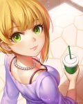  1girl arm_behind_back blonde_hair blue_sweater blush bra breasts cleavage commentary_request cup drinking_straw eyebrows_visible_through_hair from_above from_behind green_eyes holding holding_cup idolmaster idolmaster_cinderella_girls jewelry looking_at_viewer medium_breasts miyamoto_frederica natsuyu necklace outdoors short_hair signature solo sweater underwear 