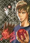  2boys apple book brown_hair death_note death_note_(2017) death_note_(object) english_text food fruit holding holding_food light_turner male_focus multiple_boys obata_takeshi official_art pointy_ears red_eyes ryuk shinigami white_skin wire_fence 