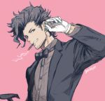  1boy artist_name black_neckwear black_suit bow bowtie brown_shirt cane cigarette clenched_teeth earrings facial_hair gloves granblue_fantasy hand_up jewelry long_sleeves male_focus mouth_hold pink_background rackam_(granblue_fantasy) shirt smoking solo stubble stud_earrings teeth upper_body white_gloves yoisho_(yoisyoisyo) 