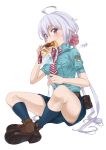  1girl ahoge anpan black_legwear eating eyebrows_visible_through_hair food holding holding_food kneehighs long_hair looking_at_viewer necktie purple_eyes senki_zesshou_symphogear short_shorts short_sleeves shorts silver_hair sitting solo striped striped_neckwear tyuga white_background yukine_chris 