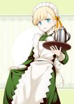  1girl :d alternate_costume apron bangs blonde_hair blue_eyes blunt_bangs blush commentary_request cup dress enmaided eyebrows_visible_through_hair frilled_apron frills green_dress hair_between_eyes hair_ornament hair_ribbon highres holding holding_tray kantai_collection long_hair long_sleeves looking_at_viewer maid maid_headdress open_mouth ribbon rui_shi_(rayze_ray) saucer shin&#039;you_(kantai_collection) side_ponytail simple_background smile solo standing teacup teapot tray white_apron yellow_ribbon 