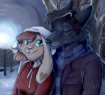  &lt;3 &lt;3_eyes andie_(quickshinestar) anthro beanie blue_eyes blush canid canine canis clothing coat duo eyes_closed female hair hat inverno lagomorph male mammal pattern quickshinestar rabbit scarf smile smirk snow source_request sweater teal_eyes tree winter wolf 