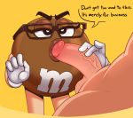 2019 4_toes acstlu balls brown_body brown_eyes duo english_text erection eyewear faceless_male fellatio female food glasses human m&amp;m male male/female mammal not_furry oral penis sex simple_background solo_focus speech_bubble standing text toes vein veiny_penis yellow_background 