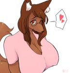  &lt;3 angel_(lightsource) anthro big_breasts breasts brown_eyes brown_fur brown_hair canid canine canis cleavage clothed clothing domestic_dog eyewear female fur glasses hair hi_res inner_ear_fluff mammal nutellabunn open_mouth shirt simple_background smile solo speech_bubble white_background 