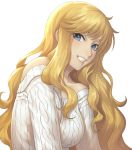  1girl aran_sweater bare_shoulders blonde_hair blue_eyes breasts collarbone commentary_request eyebrows_visible_through_hair face grin idolmaster idolmaster_cinderella_girls large_breasts long_hair looking_at_viewer natsuyu ootsuki_yui ribbed_sweater simple_background smile solo sweater teeth very_long_hair wavy_hair white_background white_sweater 