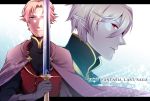  2boys blonde_hair blue_background blue_eyes brown_gloves cape copyright_name erebas_the_demon_king ethan_the_exiled_hero facial_hair gloves gradient gradient_background holding holding_sword holding_weapon long_sleeves looking_at_viewer male_focus multiple_boys pink_cape pixiv_fantasia_last_saga pointy_ears red_eyes red_vest riltuka1 serious simple_background stubble sword upper_body vest weapon white_background 