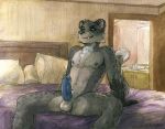  2019 anthro balls bed cheek_tuft chest_tuft detailed_background erection felid feline felis fur hair humanoid_penis inner_ear_fluff looking_at_viewer male mammal multicolored_fur nipples nude penis piercing pillow sicklyhypnos sitting smile solo spots teeth tuft 