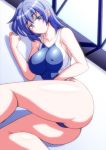  1girl ass bare_shoulders blue_eyes blue_hair blue_swimsuit breasts competition_swimsuit erect_nipples eyebrows_visible_through_hair half-closed_eyes huge_ass large_breasts looking_at_viewer lying on_side one-piece_swimsuit original smile solo swimsuit thick_thighs thighs zetsumu 