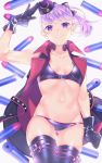  1girl akapug621 arm_up ass_visible_through_thighs bangs bikini black_bow black_coat black_footwear black_gloves black_hat blunt_bangs boots bow breasts bullet cleavage coat collarbone cowboy_shot eyebrows_visible_through_hair fate/grand_order fate_(series) floating_hair gloves hair_bow hat open_clothes open_coat ponytail purple_bikini purple_eyes purple_hair shiny shiny_hair short_hair sleeveless_coat small_breasts solo standing swimsuit thigh_boots thigh_gap thighhighs 
