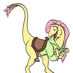  alternate_species black-kitten bottomless claws clothed clothing dinosaur dromaeosaurid female feral fluttershy_(mlp) friendship_is_magic hair hi_res hoodie my_little_pony open_mouth pink_hair reptile saddle scalie simple_background solo theropod white_background 