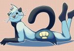  2019 anthro arm_support black_tail blue_fur dewott digital_drawing_(artwork) digital_media_(artwork) dotted_background draw_me_like_one_of_your_french_girls fur gloves_(marking) looking_at_viewer looking_away lying markings nintendo on_front one_eye_closed outline pattern_background pink_nose pok&eacute;mon pok&eacute;mon_(species) pok&eacute;morph pose seashell simple_background smile socks_(marking) solo teslatovenus video_games whiskers wink 