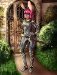  absurd_res anthro armor bright_hair chelsea_(dkside41) detailed_background female hair hi_res melee_weapon pink_hair sugarfoxxart sword weapon 