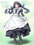  1girl adapted_costume alternate_costume apron black_dress black_legwear black_neckwear blue_hair character_name commentary_request dress enmaided frilled_apron frills full_body green_eyes kantai_collection long_hair looking_at_viewer low_twintails maid maid_headdress necktie open_mouth pantyhose ribbon smile solo standing suzukaze_(kantai_collection) tatsumi_ray twintails white_apron 