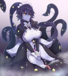  1girl alder apron black_hair breasts eldritch_abomination extra_mouth goo_girl hairband highres large_breasts long_hair looking_at_viewer maid maid_apron maid_headdress monster_girl monster_girl_encyclopedia ponytail purple_skin shoggoth_(monster_girl_encyclopedia) simple_background slime smile solo tentacle tentacles tentacles_under_clothes uniform yellow_eyes 