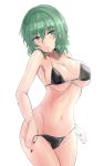  1girl bangs bare_arms bare_shoulders bikini black_bikini black_nails blush breasts commentary_request cowboy_shot eyebrows_visible_through_hair green_eyes green_hair groin hair_between_eyes head_tilt highres kazami_yuuka large_breasts mouth_hold nail_polish navel shiny shiny_skin short_hair simple_background solo standing stomach swimsuit thighs touhou white_background y2 