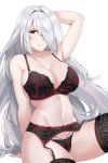  1girl 3: absurdres arm_support arm_up armpits aslindsamure blush bra breasts cleavage closed_mouth collarbone eyebrows_visible_through_hair garter_belt girls_frontline hair_over_one_eye half-closed_eyes highres knee_up large_breasts lingerie long_hair looking_at_viewer paid_reward panties patreon_reward pk_(girls_frontline) red_bra red_eyes red_panties silver_hair sitting skindentation smile solo thighhighs thighs underwear underwear_only very_long_hair white_background 