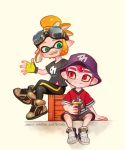  1boy 1girl :d black_pants blonde_hair closed_mouth crate cup domino_mask drinking_straw fingerless_gloves full_body gloves goggles goggles_on_head green_eyes grey_shirt hair_bun holding holding_cup inkling looking_at_another mask octarian octoling ohil_(ohil822) open_mouth pants pink_hair pointy_ears red_eyes shirt shoes short_hair short_sleeves single_vertical_stripe sitting sitting_on_object smile sneakers splatoon splatoon_(series) splatoon_2 teeth tentacle_hair 