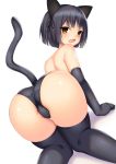  1girl all_fours animal_ears ass bangs black_gloves black_legwear black_panties cat_ears cat_tail dutch_angle elbow_gloves female from_behind gloves looking_at_viewer looking_back open_mouth original panties shiny shiny_skin short_hair simple_background solo tail thighhighs toshishikisai underwear white_background 