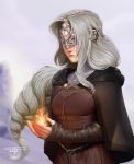  1girl belt big_hair braid breasts brown_dress cloak commentary covered_eyes dark_souls_iii dress english_commentary fire fire_keeper hand_wraps highres lips long_braid long_hair loose_belt nose silver_hair single_braid solo souls_(from_software) taboolicious very_long_hair 