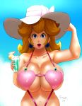  1girl absurdres bikini blonde_hair blue_eyes breasts cup curvy drinking_glass earrings female hand_behind_head hat highleg highres huge_breasts jewelry lips long_hair mario_(series) nail_polish navel nintendo outdoors pink_bikini pink_swimsuit princess_peach solo speedy_(artist) string_bikini super_mario_bros. swimsuit 