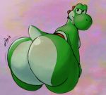  2019 ambiguous_gender anthro bent_over big_butt big_nose black_eyes bubble_butt butt butt_focus dinosaur dodoki english_text green_yoshi half-closed_eyes huge_butt looking_at_viewer looking_back mario_bros motion_lines nintendo nude onomatopoeia presenting presenting_hindquarters raised_tail reptile scales scalie solo sound_effects standing text thick_thighs video_games wide_hips yoshi 