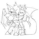  2_tails anthro bare_breasts big_breasts bigdad breasts canid canine chiropteran female fox grope hair hair_over_eye male mammal miles_prower monochrome multi_tail nipples open_mouth rouge_the_bat sonic_(series) wings 