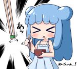  &gt;_&lt; 1girl bangs bare_arms bare_shoulders blue_dress blue_hair blush bowl chibi chopsticks double_bun dress emphasis_lines eyebrows_visible_through_hair eyes_closed goo_girl half_slime-chan hana_kazari holding holding_bowl holding_chopsticks long_hair monster_girl open_mouth original pleated_dress simple_background sleeveless sleeveless_dress solo translation_request very_long_hair white_background 