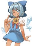  1girl ;) absurdres bangs blue_bow blue_dress blue_eyes blue_hair bow cirno cowboy_shot detached_wings dress fairy flower grin hair_bow hair_intakes hand_up highres ice ice_wings kamekiti legs_apart looking_at_viewer melting no_pupils one_eye_closed puffy_short_sleeves puffy_sleeves short_hair short_sleeves simple_background smile solo sunflower tan tanned_cirno teeth touhou white_background wings yellow_flower 
