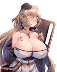  1girl aningay bangs belt black_hat blush body_writing breasts brown_hair character_name cleavage collarbone commentary cross cross_necklace erect_nipples eyebrows_visible_through_hair girls_frontline hair_between_eyes hat holding_shield huge_breasts ithaca_m37_(girls_frontline) jewelry long_hair looking_at_viewer necklace parted_lips red_eyes shield shotgun_shells simple_background solo white_background 