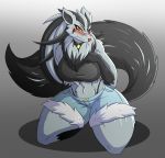  2019 anthro big_breasts black_fur black_hair blush breasts canid canine clothed clothing collar cosplay digital_media_(artwork) female fur grey_fur grey_hair hair hi_res long_hair looking_at_viewer mammal mightyena neck_tuft nintendo pok&eacute;mon pok&eacute;mon_(species) rakkuguy simple_background solo tuft velvela video_games 