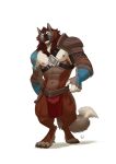  2019 abs anthro biceps canid canine canis clothing fur furrybob hi_res male mammal muscular muscular_male nipples pecs simple_background solo standing tattoo toes white_background wolf 