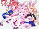  3girls animal_ears azur_lane bailey_(azur_lane) bare_shoulders benson_(azur_lane) blonde_hair breasts bunny_ears carrot_hair_ornament cleavage cleavage_cutout commentary_request eyebrows_visible_through_hair fake_animal_ears food_themed_hair_ornament hair_ornament hair_scrunchie headband highres laffey_(azur_lane) looking_at_viewer low_twintails lying multiple_girls on_back one_eye_closed open_mouth overall_shorts pleated_skirt red_eyes red_hair scrunchie side_ponytail silver_hair simple_background skirt small_breasts suspenders thighhighs twintails v white_background white_legwear yaekn yellow_eyes 