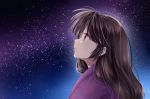  1girl bangs brown_eyes brown_hair closed_mouth expressionless inuyasha istriri japanese_clothes kimono long_hair looking_up night profile sango sky solo star star_(sky) starry_sky upper_body 
