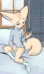  aggressive_retsuko anthro bed black_eyes blush bottomless canid canine cellphone clothed clothing female fennec fenneko fingering fingering_self fluffy fluffy_tail fox front_view fur humanoid_hands inside legwear mammal masturbation nontoxo on_bed phone pussy sanrio sexting sitting socks solo sweater tan_fur tan_tail turtleneck_sweater vaginal vaginal_fingering vaginal_masturbation 