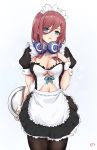  1girl alternate_costume apron arm_behind_back bangs blue_eyes breasts brown_hair cleavage cleavage_cutout commentary_request cyicheng eyebrows_visible_through_hair go-toubun_no_hanayome hair_between_eyes hand_on_own_chest headphones headphones_around_neck holding holding_tray large_breasts long_hair looking_at_viewer maid maid_apron maid_dress maid_headdress nakano_miku navel navel_cutout pantyhose parted_lips solo standing tray 