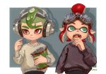  1boy 1girl aqua_eyes artist_name bag_of_chips black_sweater chips closed_mouth domino_mask fangs food goggles goggles_on_head green_hair hair_bun hand_up headphones inkling long_sleeves mask mohawk octarian octoling ohil_(ohil822) open_mouth pointy_ears red_eyes red_hair short_hair splatoon splatoon_(series) splatoon_2 suction_cups sweater teeth tentacle_hair upper_body white_sweater 