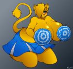  2019 absurd_res anthro big_breasts big_butt blonde_hair blue_eyes blush breasts butt cheerleader cleavage clothed clothing digital_media_(artwork) felid feline felis female fur hair hi_res huge_breasts hyper hyper_breasts kristy_winters_(lildredre) lion looking_at_viewer mammal pantherine pom_poms simple_background skirt smile solo superix thick_thighs voluptuous wide_hips 