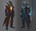  2boys black_background claws concept_art dante_(devil_may_cry) demon demon_horns devil_may_cry devil_may_cry_5 devil_trigger full_body glowing glowing_eyes grey_background horns multiple_boys official_art standing vergil yoshikawa_tatsuya 