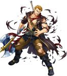  1boy abs axe bandage belt blonde_hair boots brown_eyes earrings fire_emblem fire_emblem:_rekka_no_ken fire_emblem_heroes full_body highres indesign injury jewelry linus_(fire_emblem) male_focus navel nintendo official_art one_eye_closed scar teeth torn_clothes 